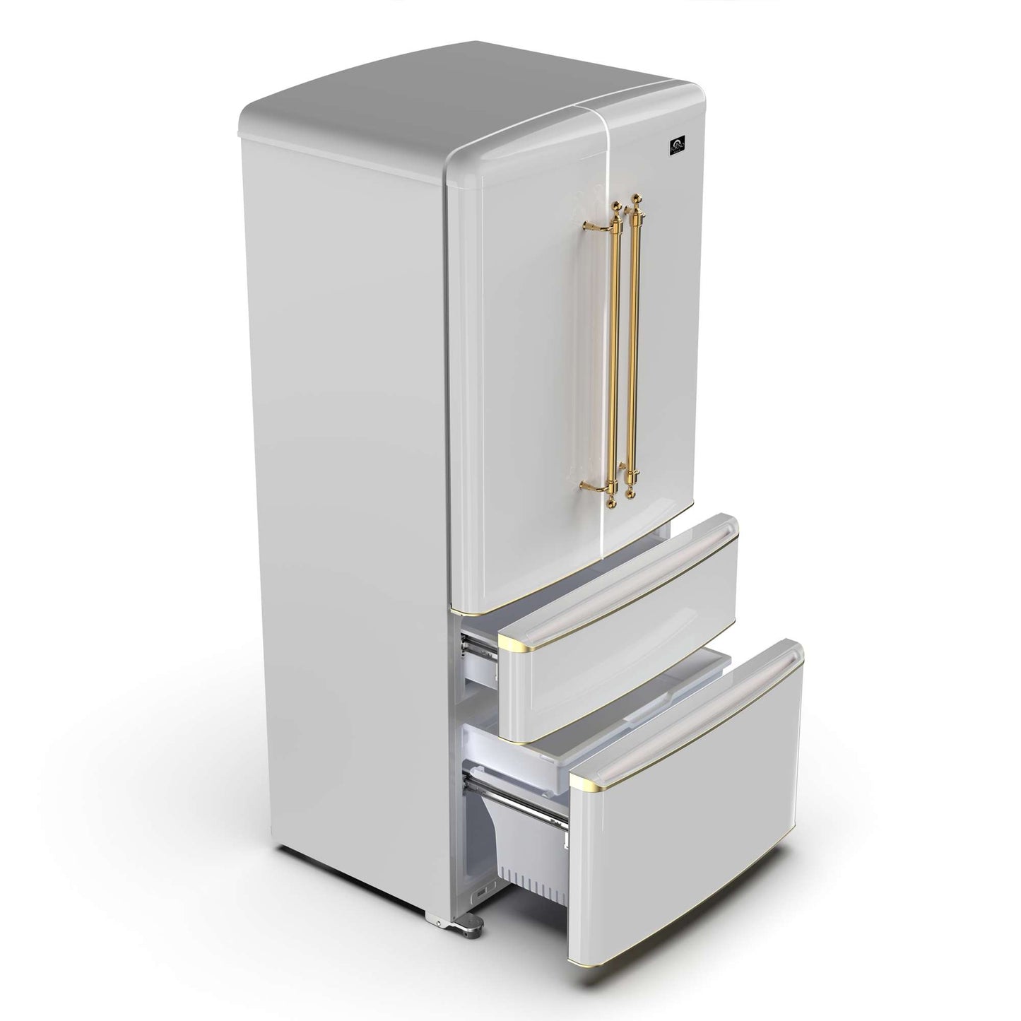 Forno Luigi 18 cu.ft. French Door Refrigerator White, Antique Brass Handles