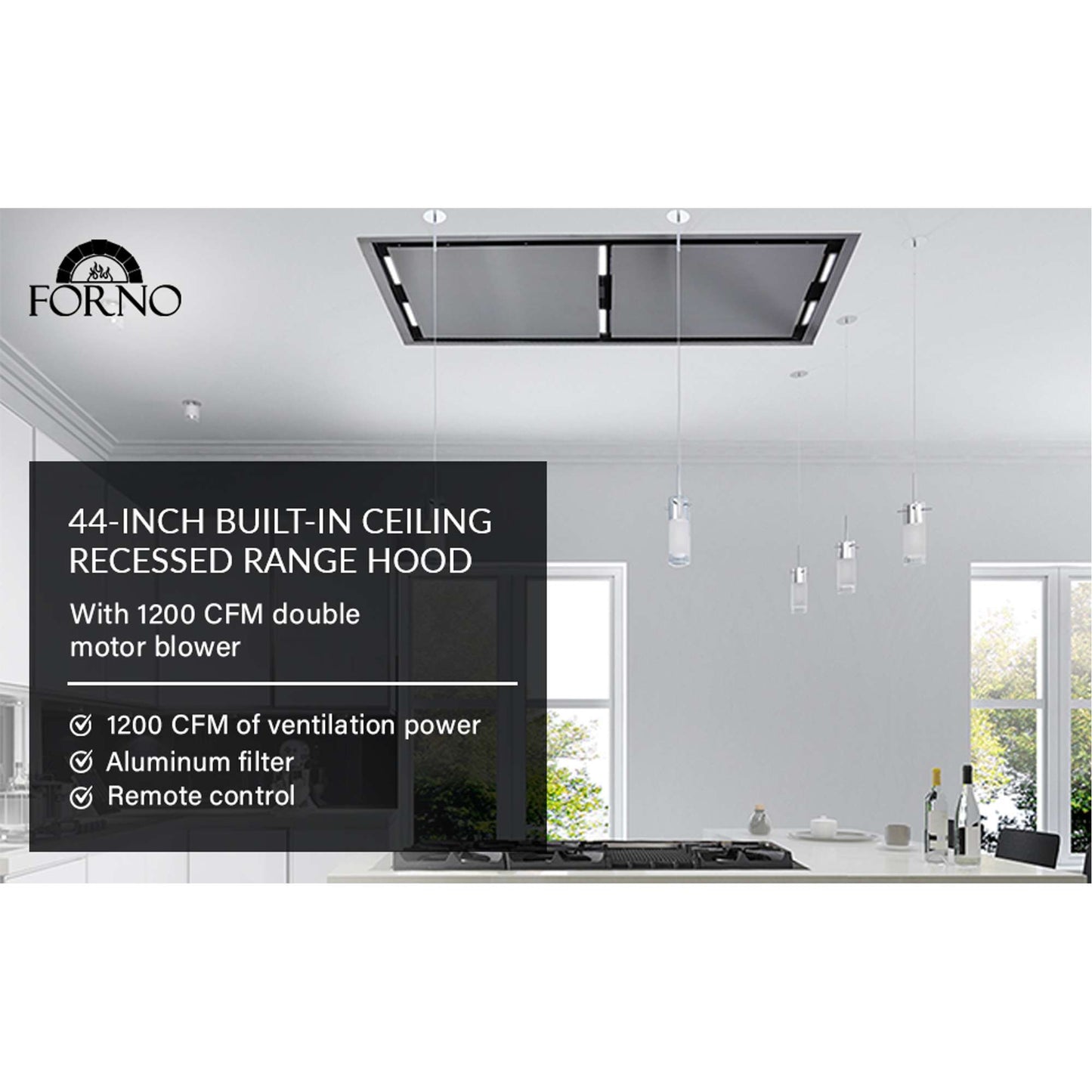 Forno Arezzo - 44" Ceiling Range Hood with Perimetric Heat, Odor, Gases and Steam Air Capture