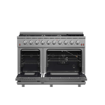 FORNO Galiano 48-inch Gas Range Stainless Steel, 8 Burners, 107,000 BTU, Griddle, 6.58 cu.ft. Double Oven