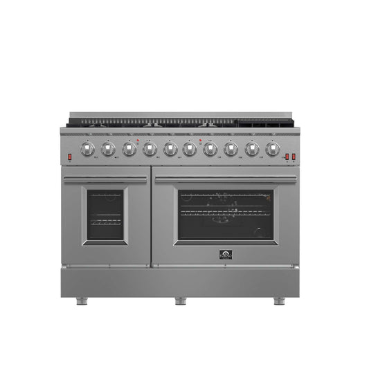 FORNO Galiano 48-inch Gas Range Stainless Steel, 8 Burners, 107,000 BTU, Griddle, 6.58 cu.ft. Double Oven