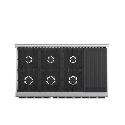 FORNO Galiano 48-inch Gas Range Stainless Steel, 8 Burners, 107,000 BTU, Griddle, 6.58 cu.ft. Double Oven