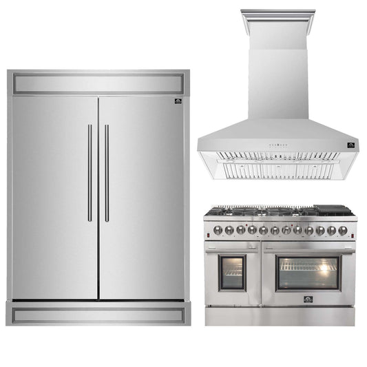 FORNO Premium 3-Piece Kitchen Bundle - FORNO Galiano 48" Freestanding Dual Fuel Range, FORNO Maderno 60" 2-Piece Convertible Refrigerator/Freezer Built-In with Decorative Grill Trim, 27.2 cu.ft., FORNO Orvieto 48" Wall Mount Range Hood