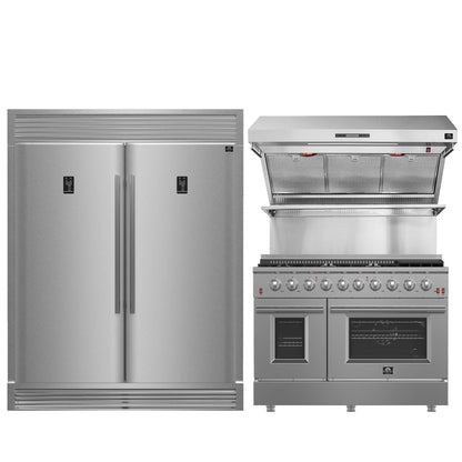 FORNO Premium 3-Piece Kitchen Bundle - FORNO Galiano 48" Freestanding Gas Range, FORNO Rizzuto 60" W. Dual Combo Convertible Refrigerator, FORNO 48" Wall Mount Range Hood