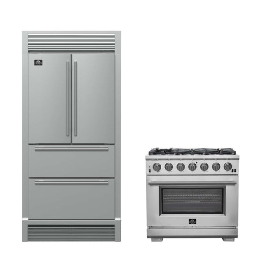FORNO Premium 2-Piece Kitchen Bundle - Galiano 48" Stainless Steel Range, Forno Moena 36" French Door 19.2 cu. ft Stainless Steel Refrigerator, with Decorative Grill - 40"es Wide