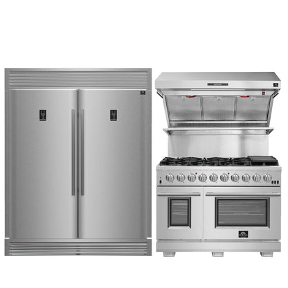 FORNO Premium 3-Piece Kitchen Bundle - FORNO Capriasca 48" Freestanding Gas Range, FORNO Rizzuto 60" W. Dual Combo Convertible Refrigerator, FORNO 48" Wall Mount Range Hood