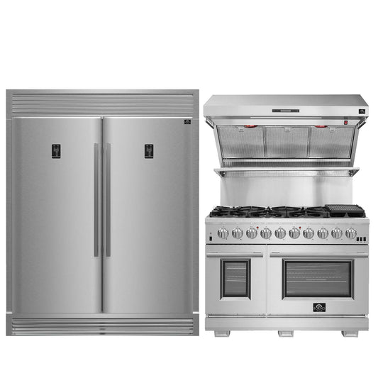 FORNO Premium 3-Piece Kitchen Bundle - FORNO Capriasca 48" Freestanding Gas Range, FORNO Rizzuto 60" W. Dual Combo Convertible Refrigerator, FORNO 48" Wall Mount Range Hood