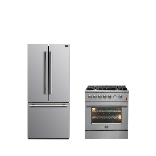 FORNO Premium 2-Piece Kitchen Bundle -Giovanni 30-inch Gas Range Stainless Steel, Forno Gallipoli 30" French Door Refrigerator with Bottom Freezer 17.5 cu. ft Capacity
