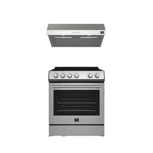 FORNO Premium 2-Piece Kitchen Bundle - Leonardo Espresso 30" Stainless Steel Range, 30" Stainless Steel Range Hood