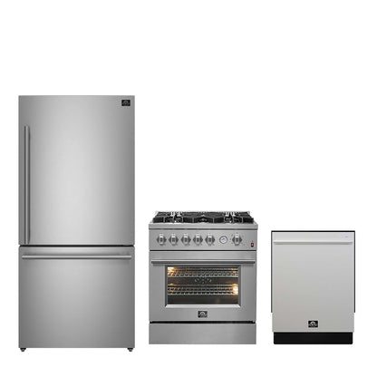 FORNO Premium 3-Piece Kitchen Bundle - 30" Gas Range, Bottom Freezer Refrigerator, Built-In Dishwasher, Stainless Steel - FBDL-012-01CAUS