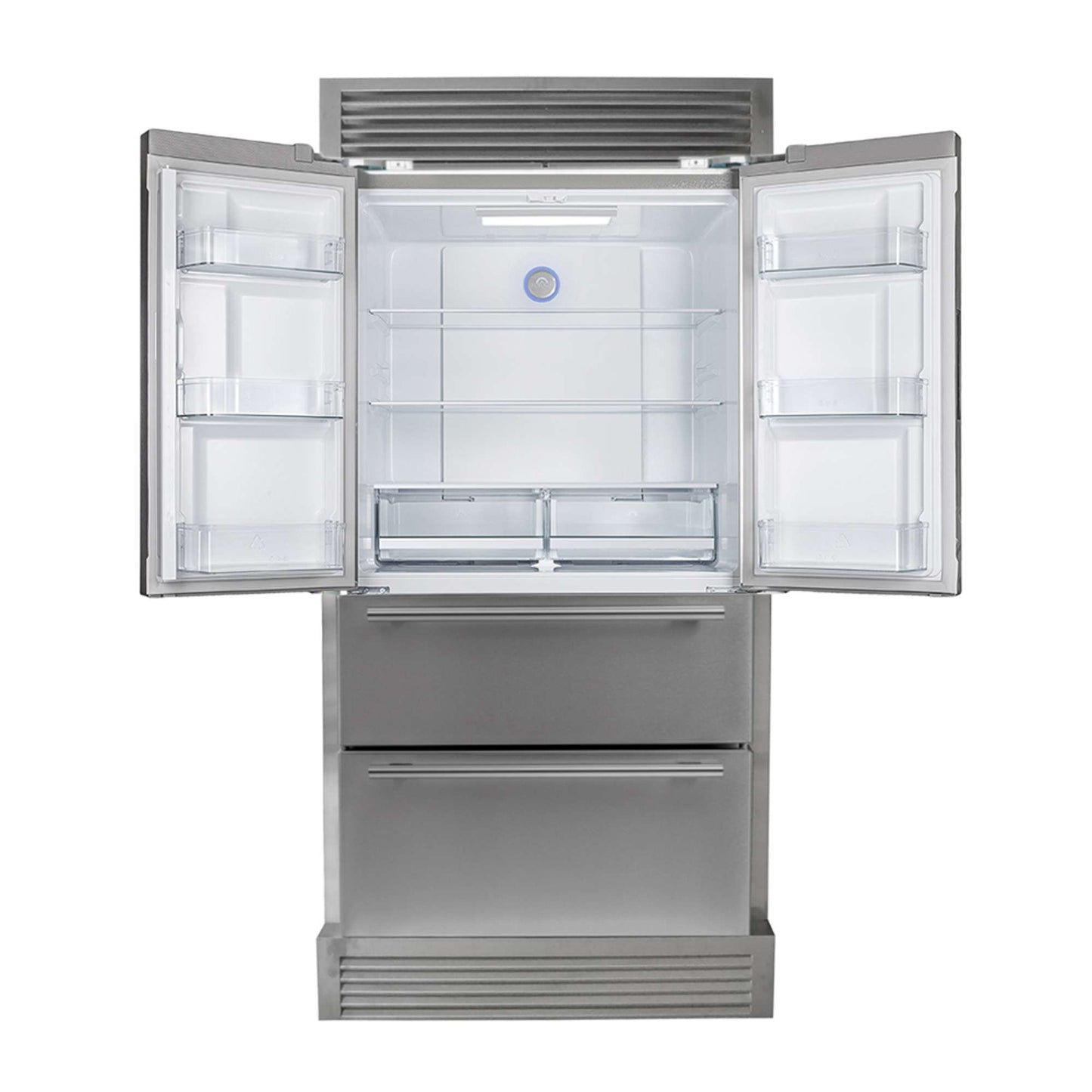 FORNO Premium 2-Piece Kitchen Bundle - Galiano 48" Stainless Steel Range, Forno Moena 36" French Door 19.2 cu. ft Stainless Steel Refrigerator, with Decorative Grill - 40"es Wide