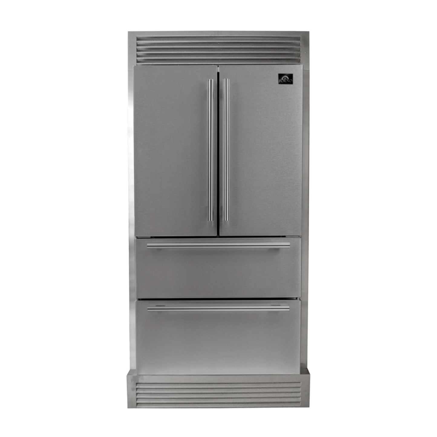 FORNO Premium 2-Piece Kitchen Bundle - Galiano 48" Stainless Steel Range, Forno Moena 36" French Door 19.2 cu. ft Stainless Steel Refrigerator, with Decorative Grill - 40"es Wide