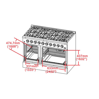 FORNO Galiano 48-inch Gas Range Stainless Steel, 8 Burners, 107,000 BTU, Griddle, 6.58 cu.ft. Double Oven