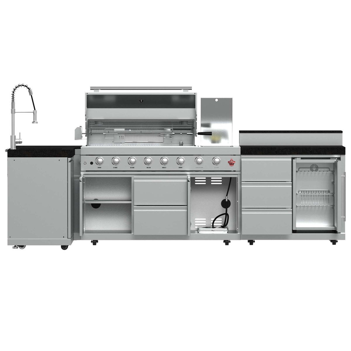 FORNO Bulnes 40-Inch BBQ, 95,000 BTU, 5 Burners, Sear & Rotisserie Infrared with Side Burner, Stainless Steel Outdoor Kitchen with 1.8 cu.ft. Beverage Center & Black Granite Countertops
