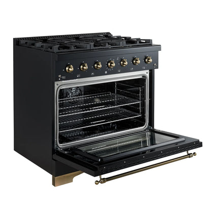 Forno Antico 36-inch Dual Fuel Range Black and Antique Brass Design with 6 Sealed Gas Burners and Electric Convection Oven
