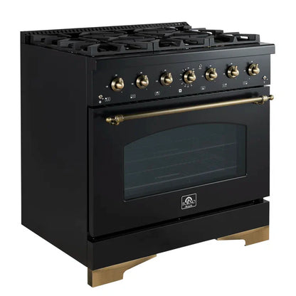 Forno Antico 36-inch Dual Fuel Range Black and Antique Brass Design with 6 Sealed Gas Burners and Electric Convection Oven