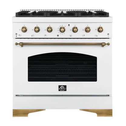 Forno Antico 36-inch Dual Fuel Range White and Antique Brass Design with 6 Sealed Gas Burners and Electric Convection Oven
