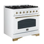 Forno Antico 36-inch Freestanding Gas Range White and Antique Brass Design, 6 Sealed Burners 71,000 BTU, 4.5 cu.ft. Convection Oven