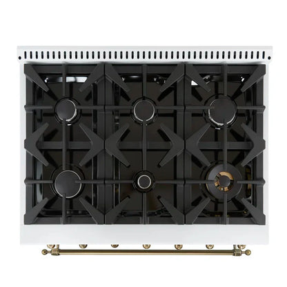 Forno Antico 36-inch Freestanding Gas Range White and Antique Brass Design, 6 Sealed Burners 71,000 BTU, 4.5 cu.ft. Convection Oven