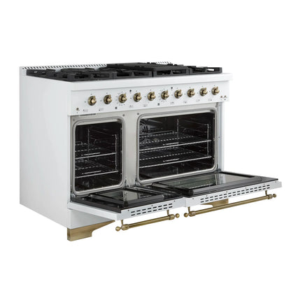 Forno Antico 48-inch Freestanding Gas Range White and Antique Brass Design, 8 Sealed Burners 94,000 BTU, Griddle, 5.5 cu.ft. Double Ovens