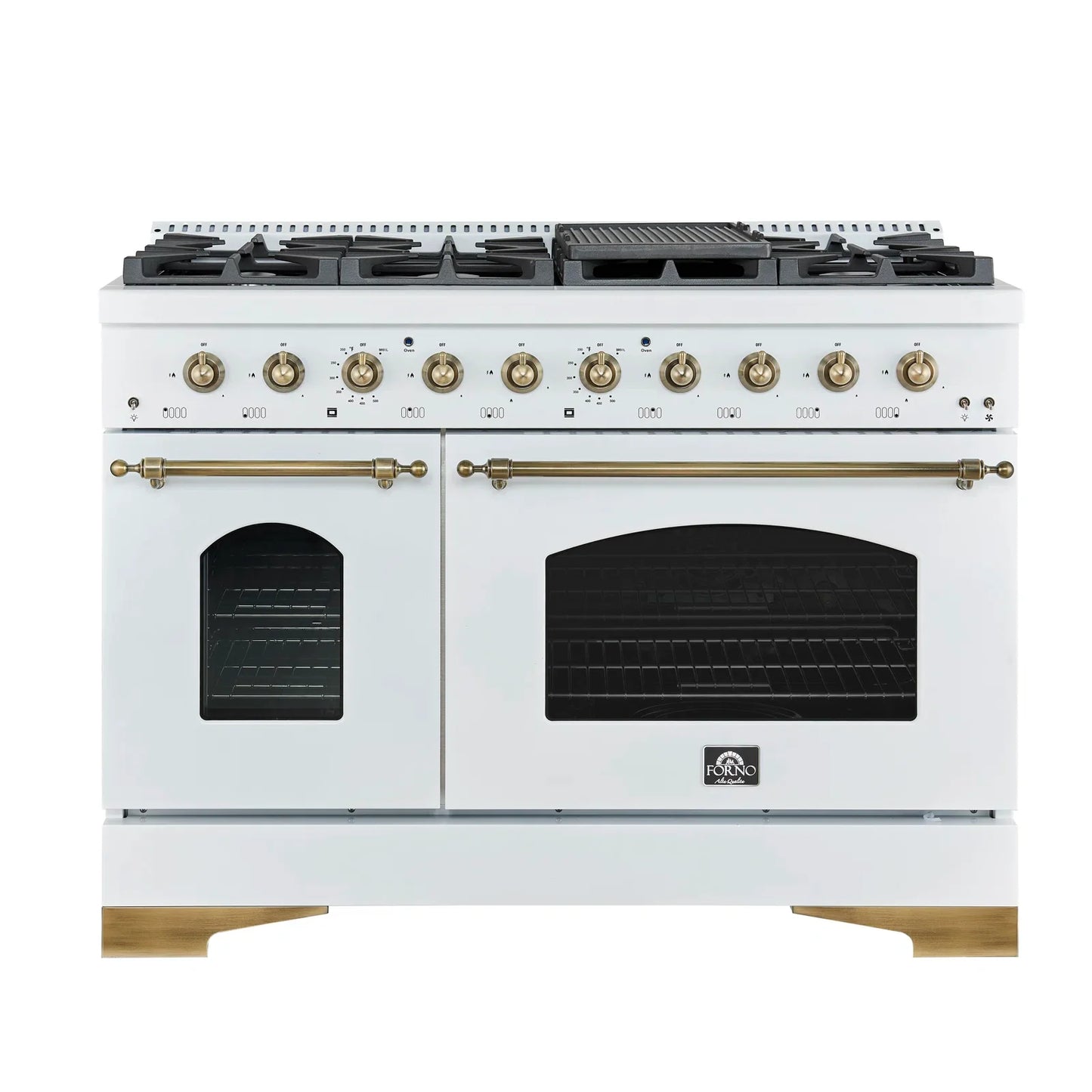 Forno Antico 48-inch Freestanding Gas Range White and Antique Brass Design, 8 Sealed Burners 94,000 BTU, Griddle, 5.5 cu.ft. Double Ovens