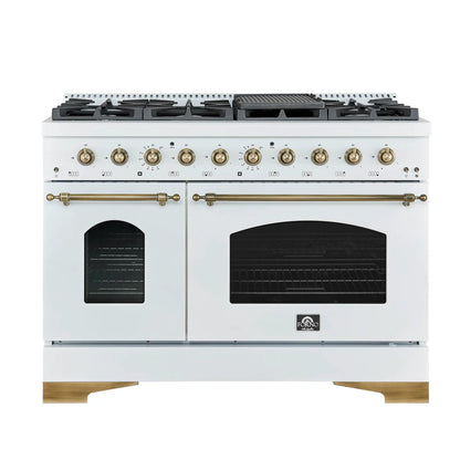 Forno Antico 48-inch Freestanding Gas Range White and Antique Brass Design, 8 Sealed Burners 94,000 BTU, Griddle, 5.5 cu.ft. Double Ovens