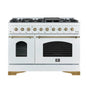 Forno Antico 48-inch Freestanding Gas Range White and Antique Brass Design, 8 Sealed Burners 94,000 BTU, Griddle, 5.5 cu.ft. Double Ovens