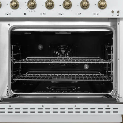 Forno Antico 48-inch Freestanding Gas Range White and Antique Brass Design, 8 Sealed Burners 94,000 BTU, Griddle, 5.5 cu.ft. Double Ovens
