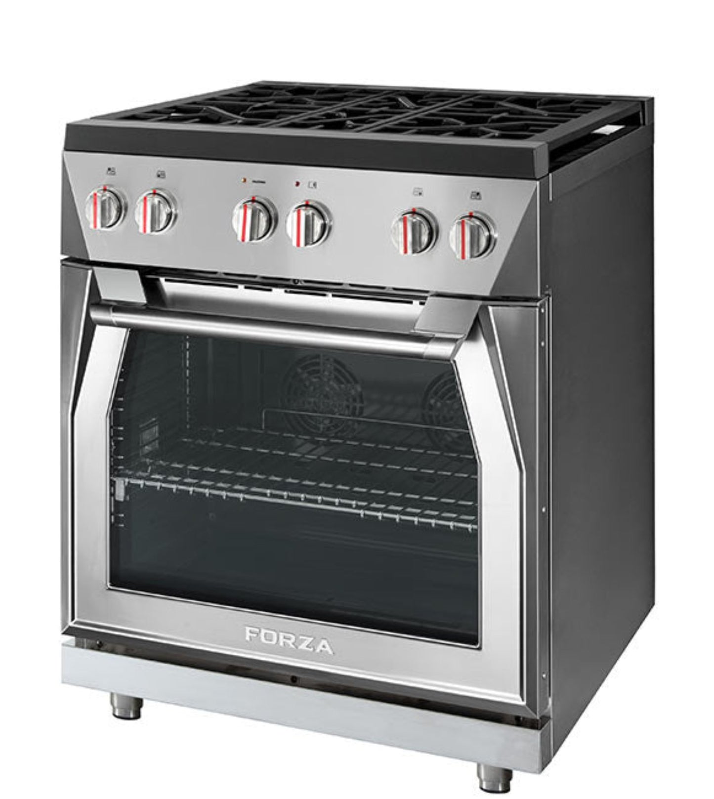 Forza 30" all Gas w/ 4 brass burners, Infinito Grate System, MassimoBlu Double Broiler, st. steel
