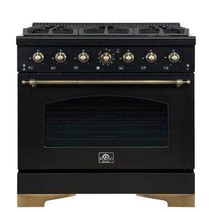 Forno Antico 36-inch Freestanding Gas Range Black and Antique Brass Design, 6 Sealed Burners 71,000 BTU, 4.5 cu.ft. Convection Oven