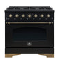 Forno Antico 36-inch Freestanding Gas Range Black and Antique Brass Design, 6 Sealed Burners 71,000 BTU, 4.5 cu.ft. Convection Oven