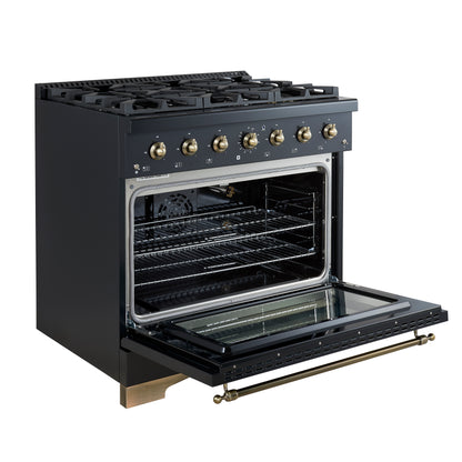 Forno Antico 36-inch Freestanding Gas Range Black and Antique Brass Design, 6 Sealed Burners 71,000 BTU, 4.5 cu.ft. Convection Oven
