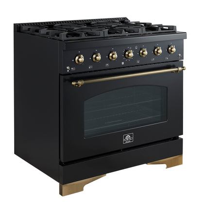 Forno Antico 36-inch Freestanding Gas Range Black and Antique Brass Design, 6 Sealed Burners 71,000 BTU, 4.5 cu.ft. Convection Oven