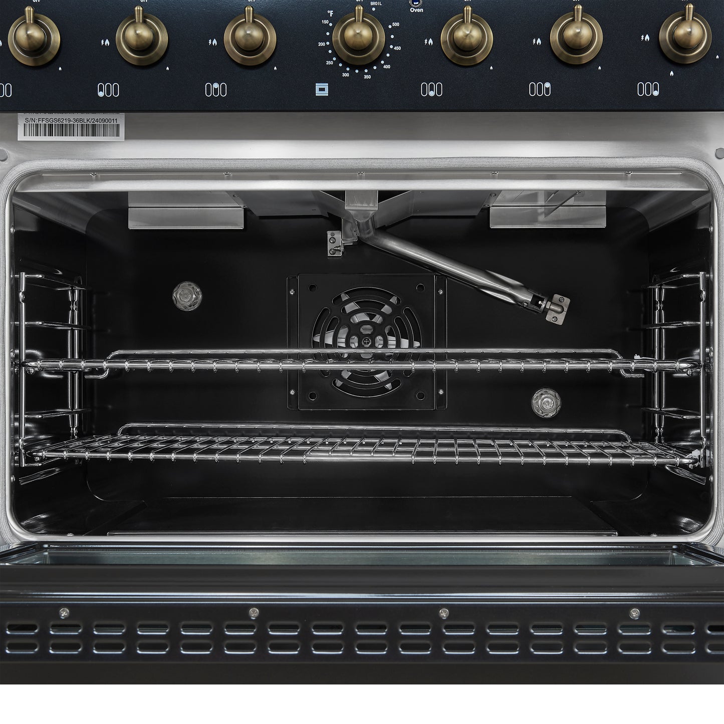 Forno Antico 36-inch Freestanding Gas Range Black and Antique Brass Design, 6 Sealed Burners 71,000 BTU, 4.5 cu.ft. Convection Oven