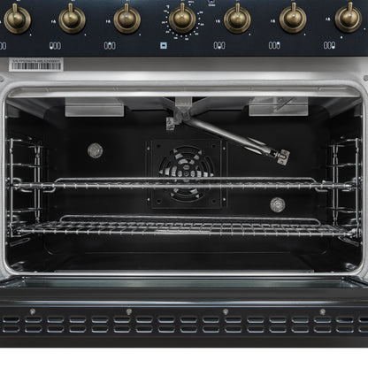 Forno Antico 36-inch Freestanding Gas Range Black and Antique Brass Design, 6 Sealed Burners 71,000 BTU, 4.5 cu.ft. Convection Oven