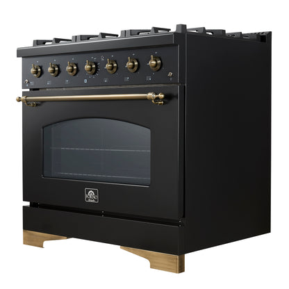 Forno Antico 36-inch Freestanding Gas Range Black and Antique Brass Design, 6 Sealed Burners 71,000 BTU, 4.5 cu.ft. Convection Oven