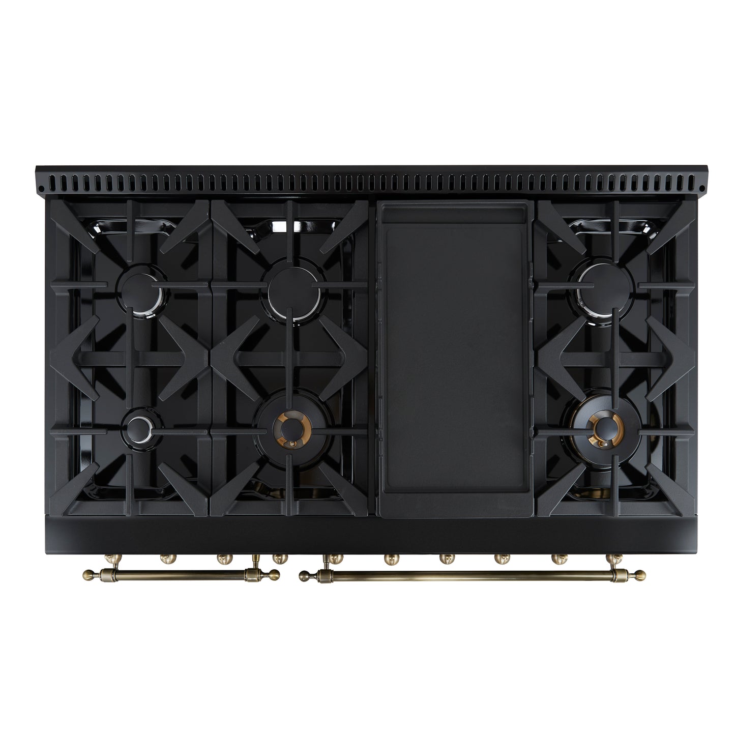 Forno Antico 48-inch Freestanding Gas Range Black and Antique Brass Design, 8 Sealed Burners 94,000 BTU, Griddle, 5.5 cu.ft. Double Ovens