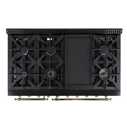 Forno Antico 48-inch Freestanding Gas Range Black and Antique Brass Design, 8 Sealed Burners 94,000 BTU, Griddle, 5.5 cu.ft. Double Ovens