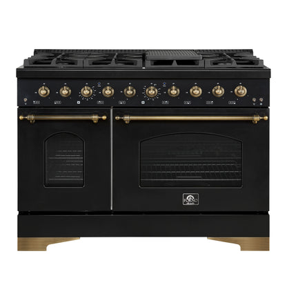 Forno Antico 48-inch Freestanding Gas Range Black and Antique Brass Design, 8 Sealed Burners 94,000 BTU, Griddle, 5.5 cu.ft. Double Ovens