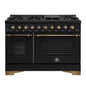 Forno Antico 48-inch Freestanding Gas Range Black and Antique Brass Design, 8 Sealed Burners 94,000 BTU, Griddle, 5.5 cu.ft. Double Ovens