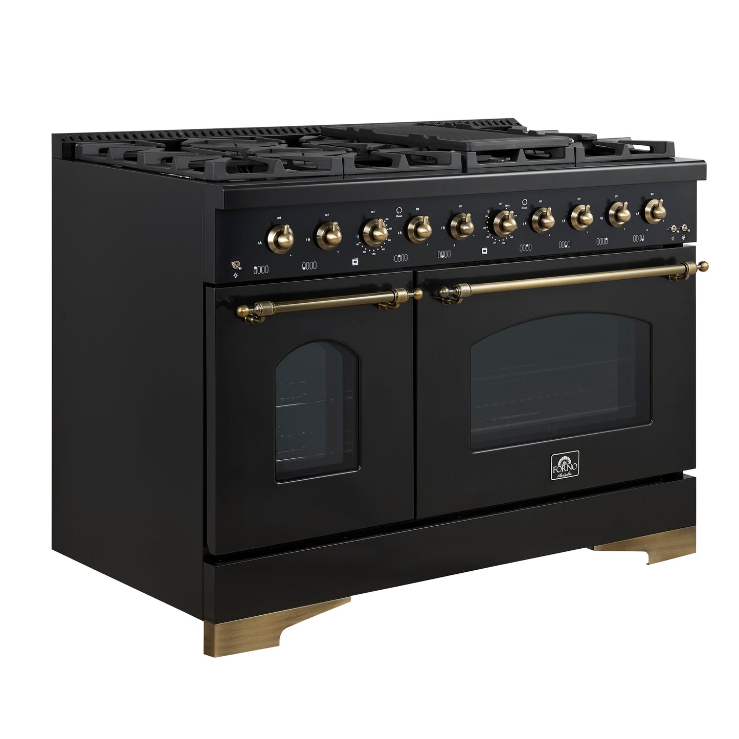 Forno Antico 48-inch Freestanding Gas Range Black and Antique Brass Design, 8 Sealed Burners 94,000 BTU, Griddle, 5.5 cu.ft. Double Ovens