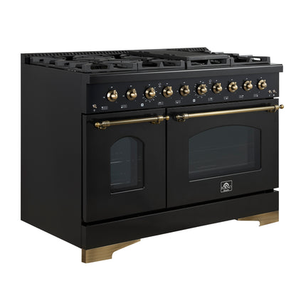 Forno Antico 48-inch Freestanding Gas Range Black and Antique Brass Design, 8 Sealed Burners 94,000 BTU, Griddle, 5.5 cu.ft. Double Ovens