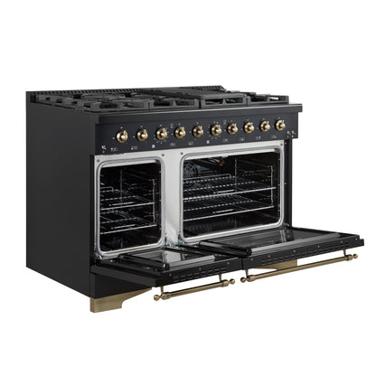 Forno Antico 48-inch Freestanding Gas Range Black and Antique Brass Design, 8 Sealed Burners 94,000 BTU, Griddle, 5.5 cu.ft. Double Ovens