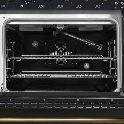 Forno Antico 48-inch Freestanding Gas Range Black and Antique Brass Design, 8 Sealed Burners 94,000 BTU, Griddle, 5.5 cu.ft. Double Ovens