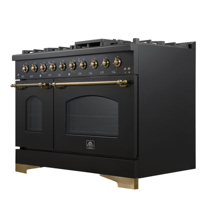 Forno Antico 48-inch Freestanding Gas Range Black and Antique Brass Design, 8 Sealed Burners 94,000 BTU, Griddle, 5.5 cu.ft. Double Ovens