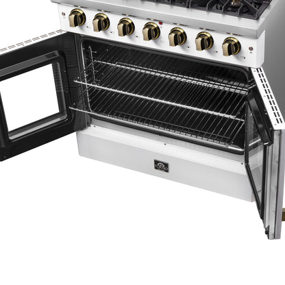 Forno Galiano 36-inch French Door Gas Range White and Antique Brass Design, 6 Sealed Burners 83,000 BTU, 5.36 cu.ft. Convection Oven