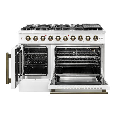 FORNO Galiano 48-inch Gas Range White & Antique Brass Design, 8 Burners, 107,000 BTU, Griddle, 6.58 cu.ft. Double Ovens