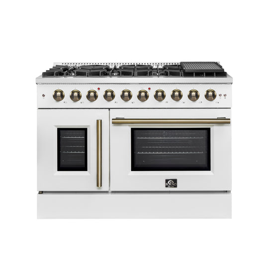 FORNO Galiano 48-inch Gas Range White & Antique Brass Design, 8 Burners, 107,000 BTU, Griddle, 6.58 cu.ft. Double Ovens