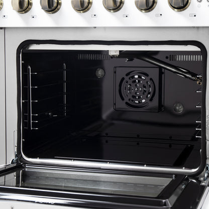 FORNO Galiano 48-inch Gas Range White & Antique Brass Design, 8 Burners, 107,000 BTU, Griddle, 6.58 cu.ft. Double Ovens