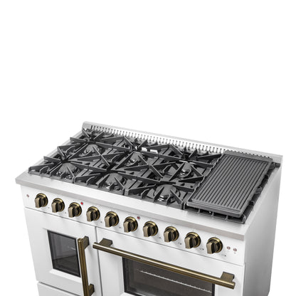 FORNO Galiano 48-inch Gas Range White & Antique Brass Design, 8 Burners, 107,000 BTU, Griddle, 6.58 cu.ft. Double Ovens