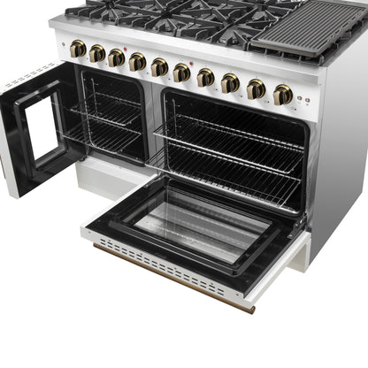 FORNO Galiano 48-inch Gas Range White & Antique Brass Design, 8 Burners, 107,000 BTU, Griddle, 6.58 cu.ft. Double Ovens
